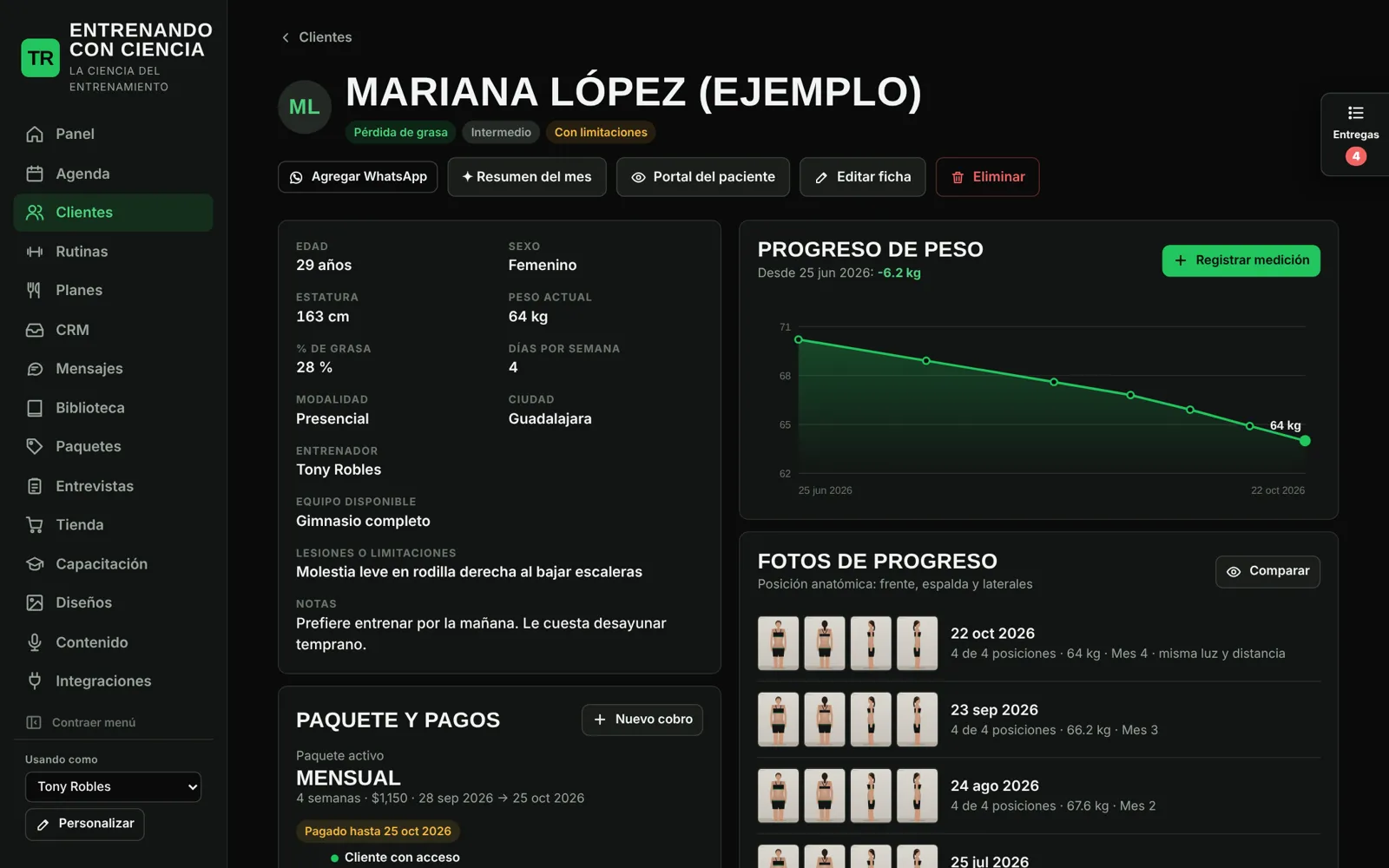 Expediente de una clienta con progreso de peso, fotos de progreso y su paquete activo