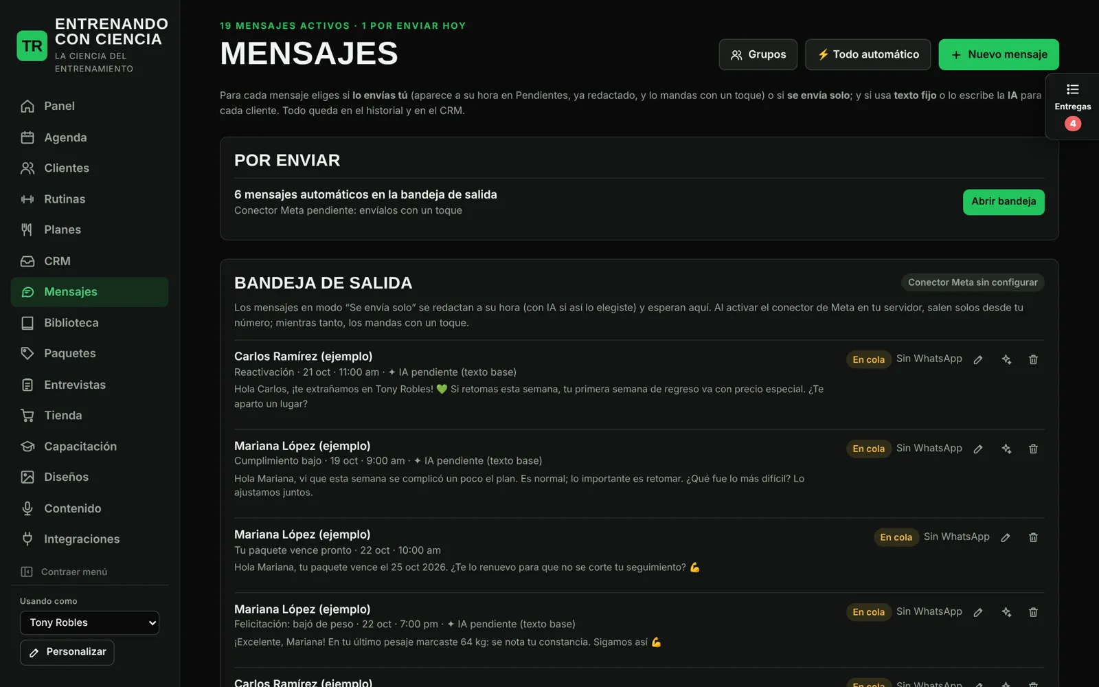 Bandeja de mensajes automáticos para clientes